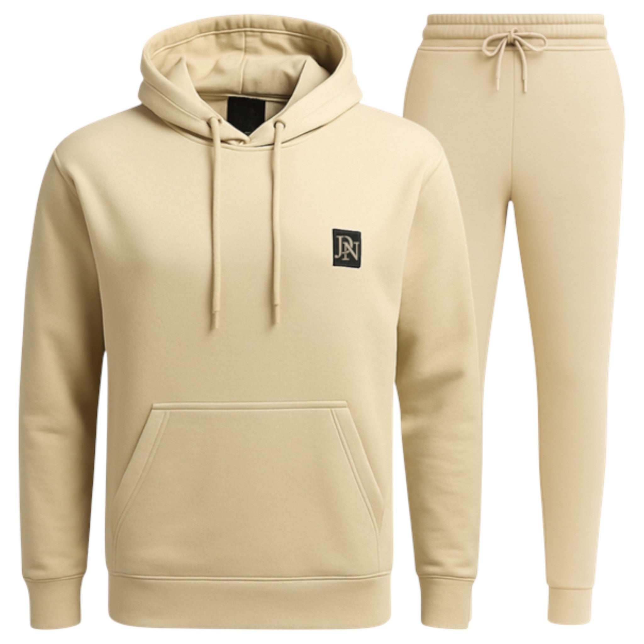 Men's JDN branded hooded tracksuit set in stone beige – plain hoodie with kangaroo pocket and matching joggers loungewear activewear